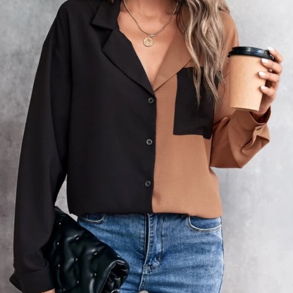 SHEIN Tops - Two Tone Lapel Collar Patched Pocket Shirt